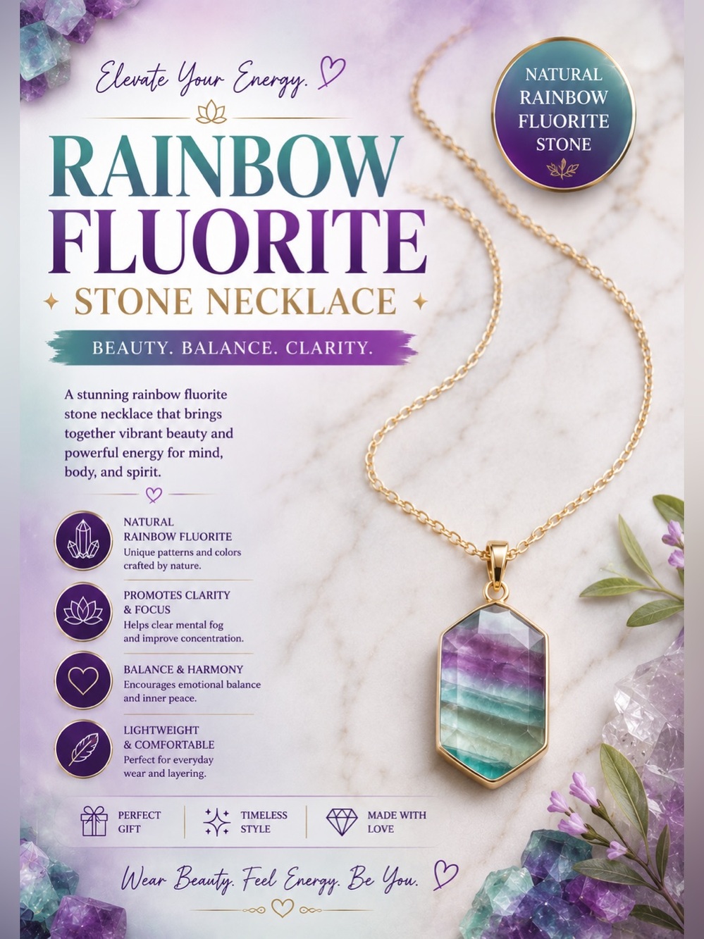Rainbow Fluorite Pendant Necklace